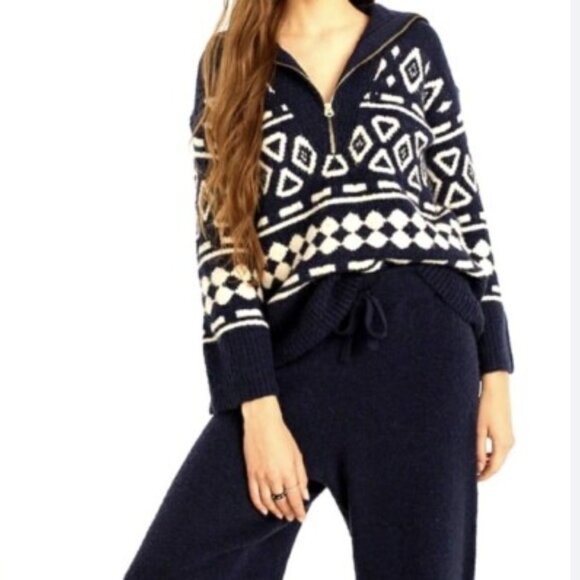 J. Crew Relaxed Half-Zip Sweater in Geometric Knit Blue and White Size XS/S - Picture 5 of 9